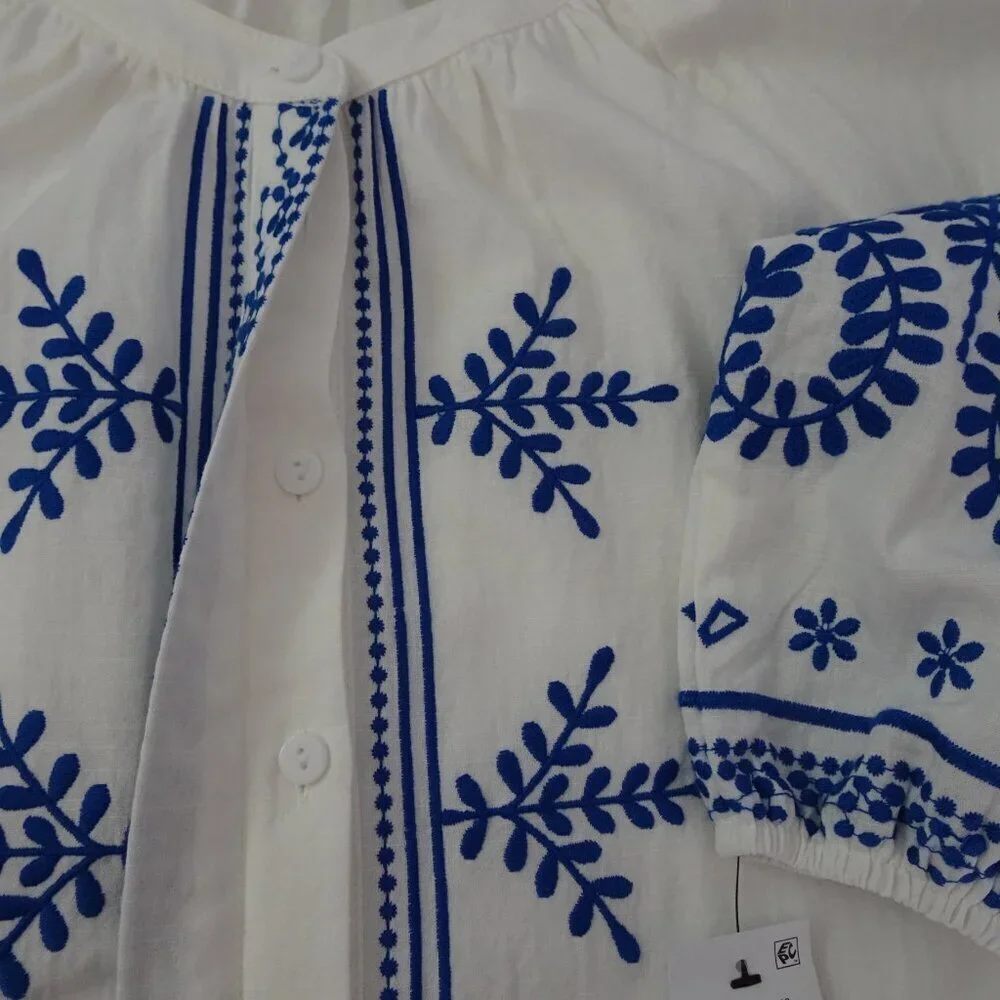 Calessa Embroidered Tunic Top Women's Size M White Blue Loose Fit Boho Peasant - Picture 9 of 11